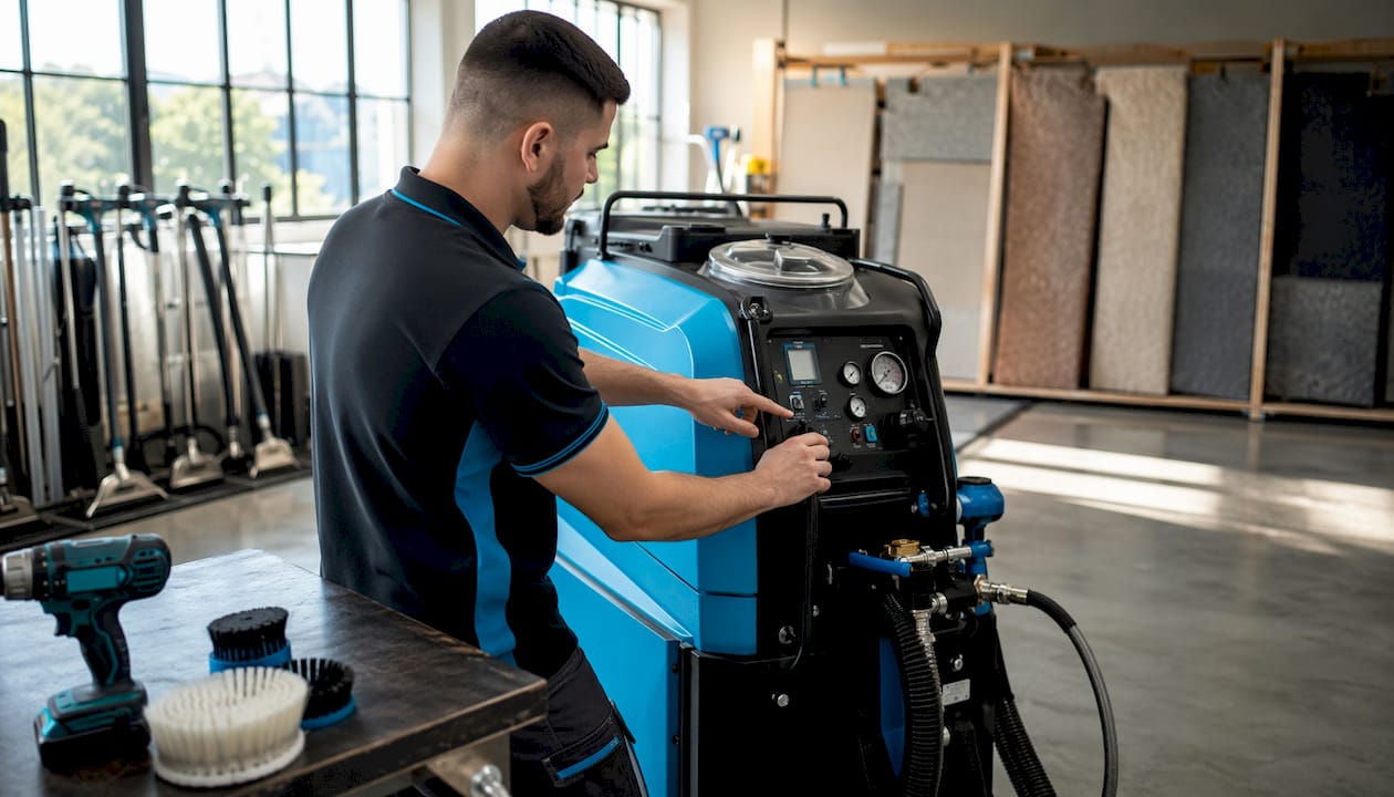 Hands operating carpet cleaning machine controls