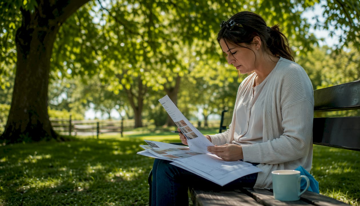 Woman reviewing carpet cleaning brochures at table
