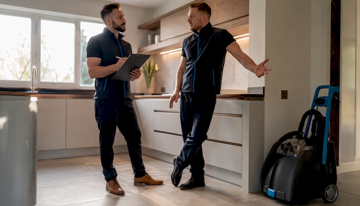 Two carpet cleaners discussing pricing options indoors