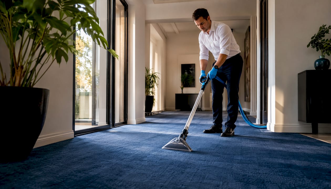 Close-up of hands using carpet cleaning machine