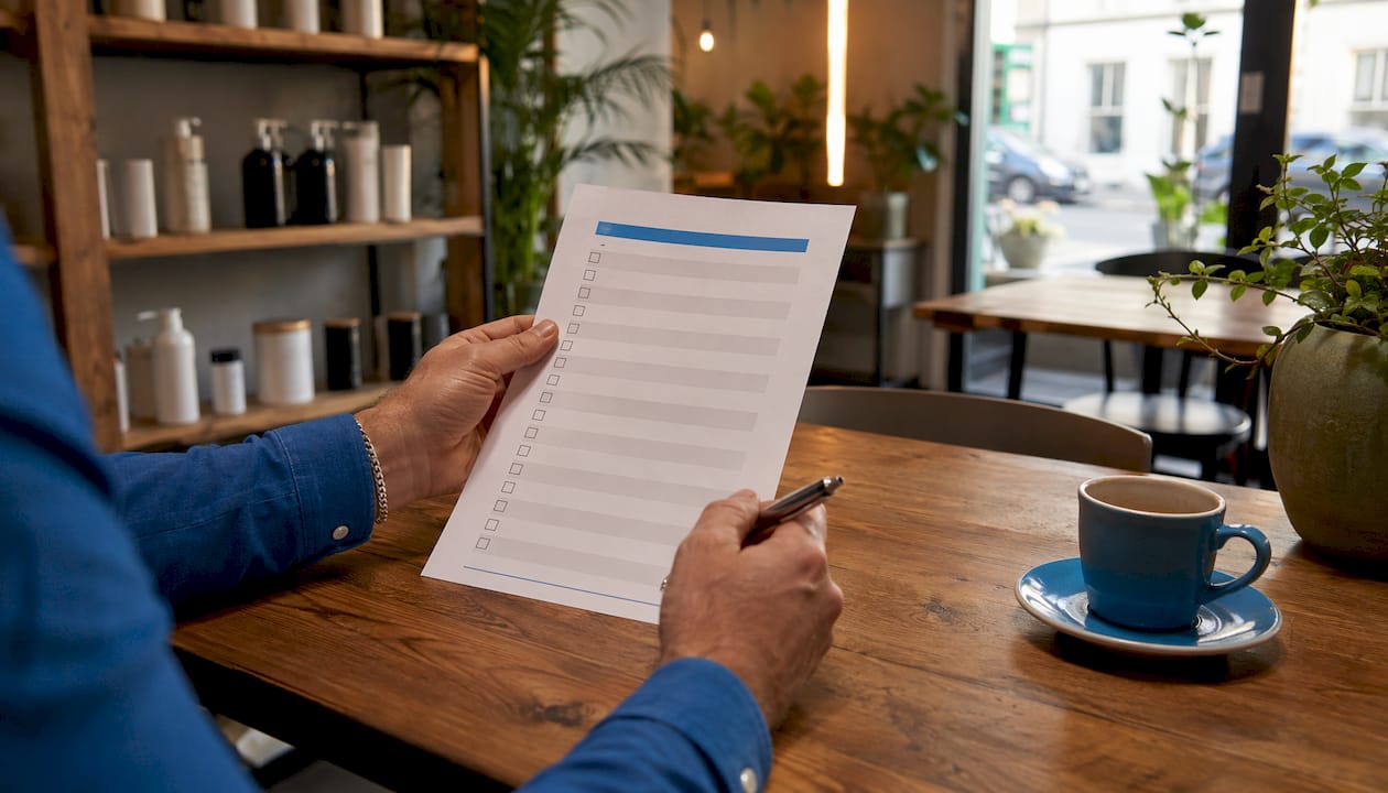 Hands holding apartment cleaning checklist in kitchen