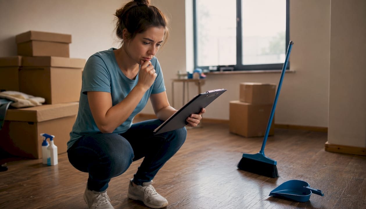 Tenant inspecting cleaning checklist in empty living room