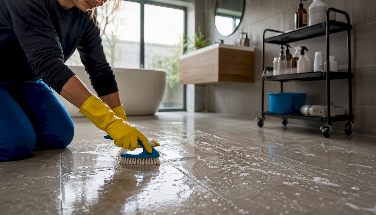 Gloved hands scrubbing bathroom tiles and grout