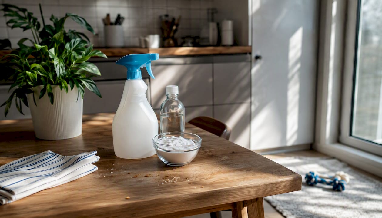 Pet-safe cleaning products on kitchen counter