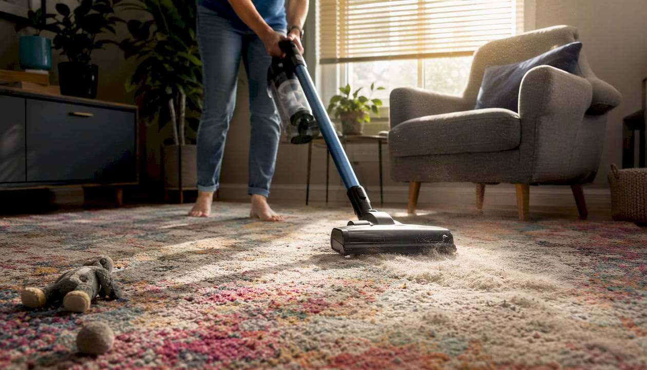 Person vacuuming carpet to remove pet hair