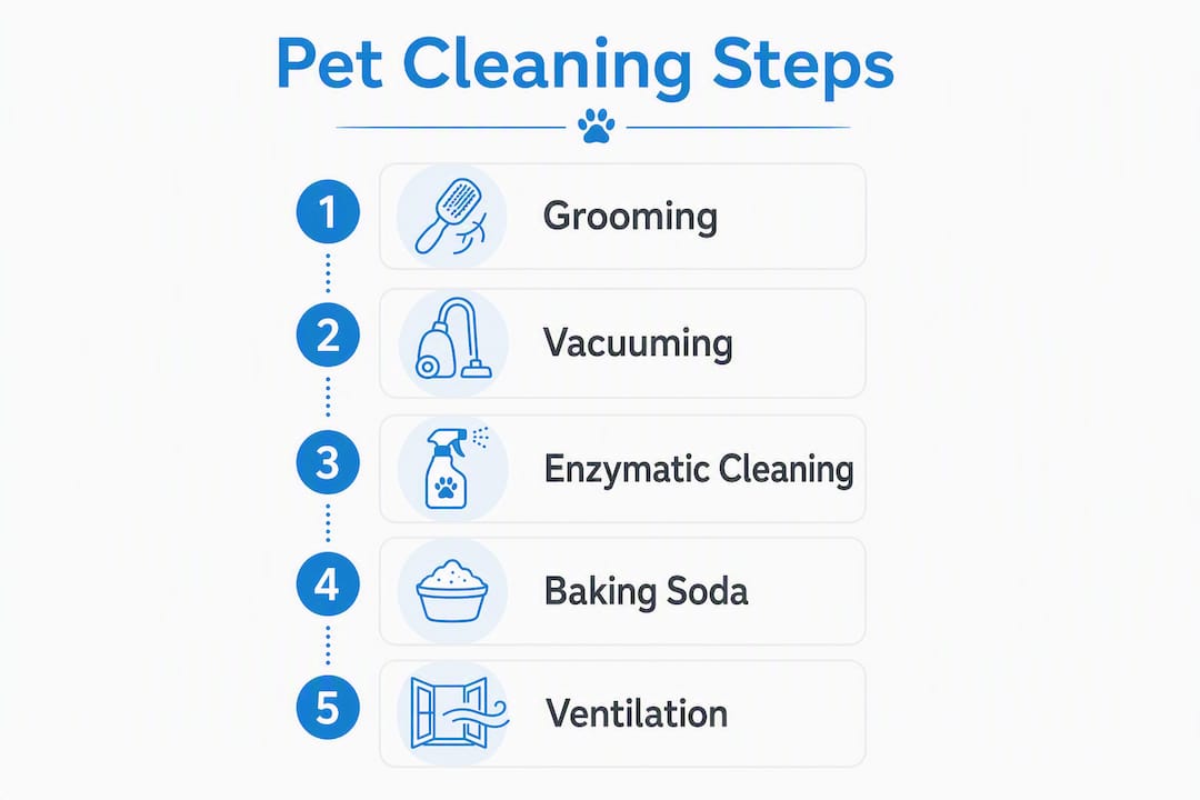 Infographic showing step-by-step pet home cleaning routine