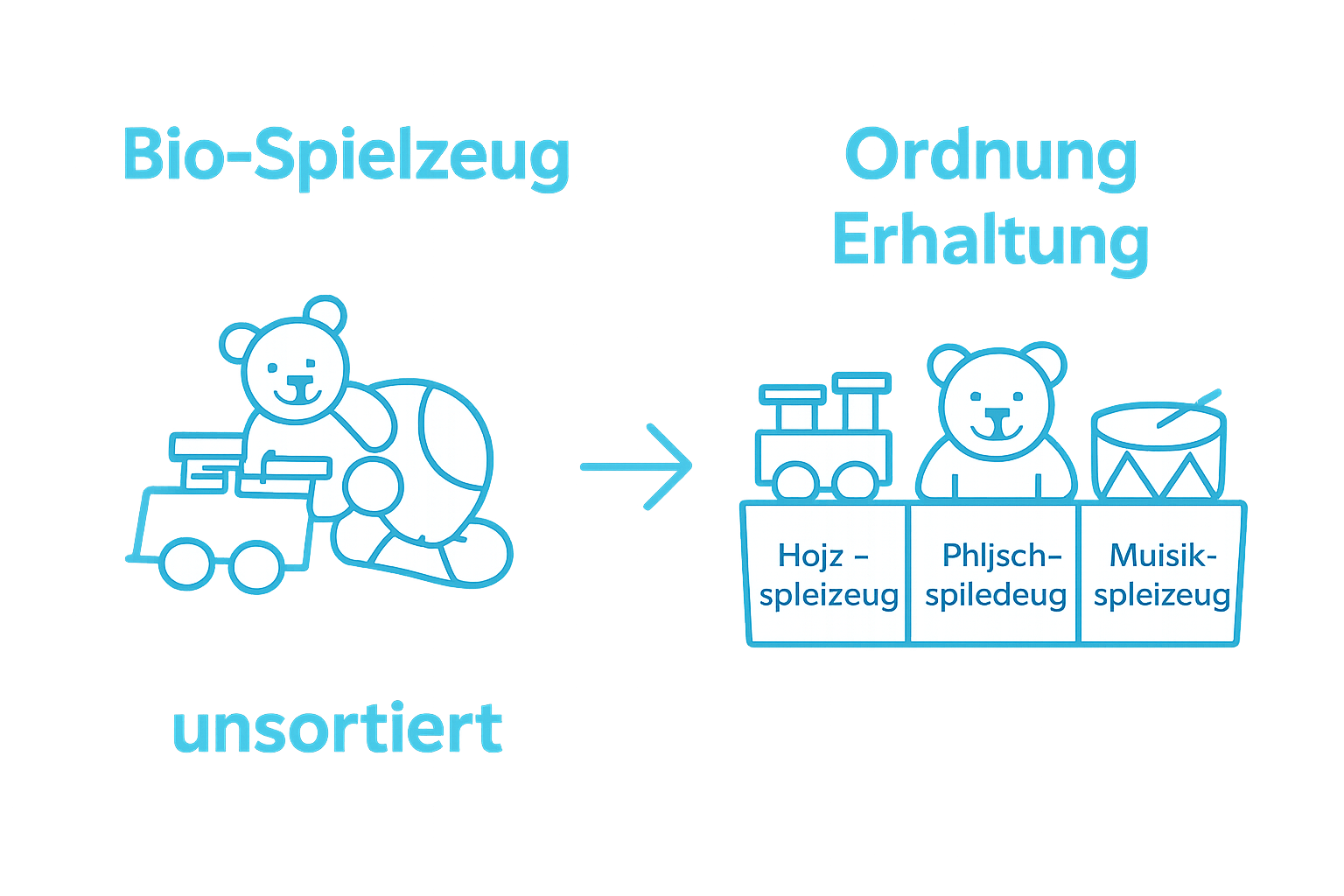 Infographic comparing unsorted versus organized bio-spielzeug in labeled boxes