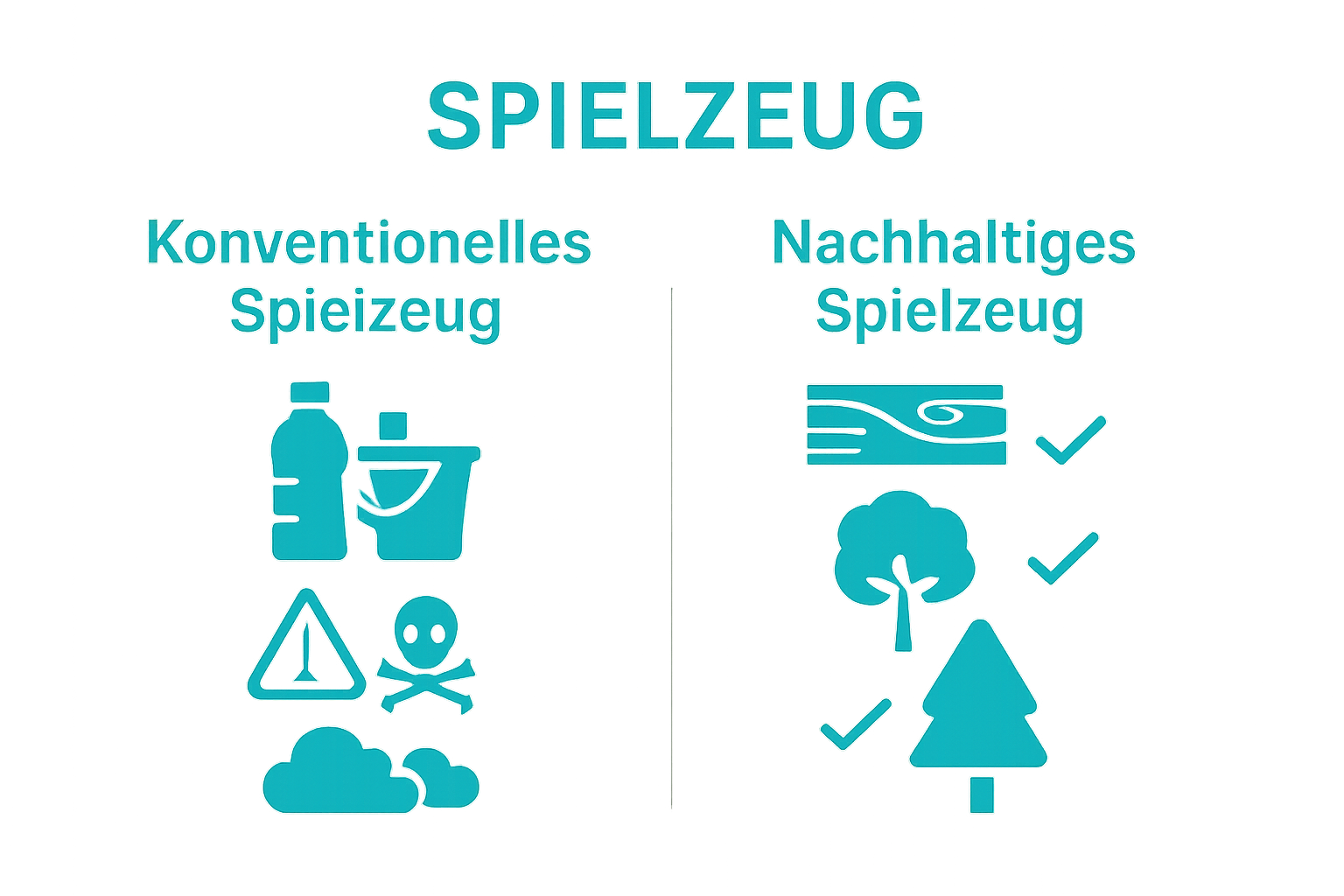 Infografik mit zwei Spalten: nachhaltige und konventionelle Spielzeuge im direkten Vergleich.