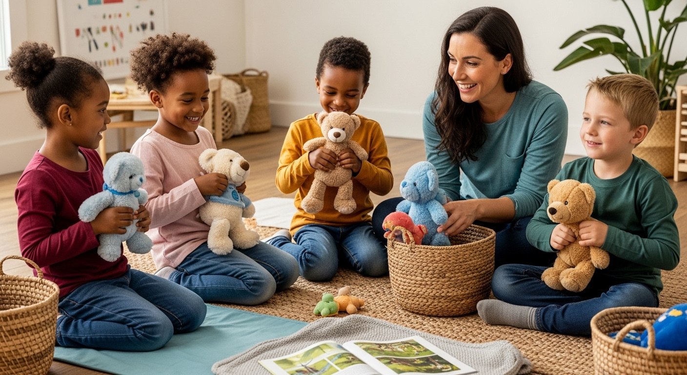 Kinder ökologische Kuscheltiere spielen