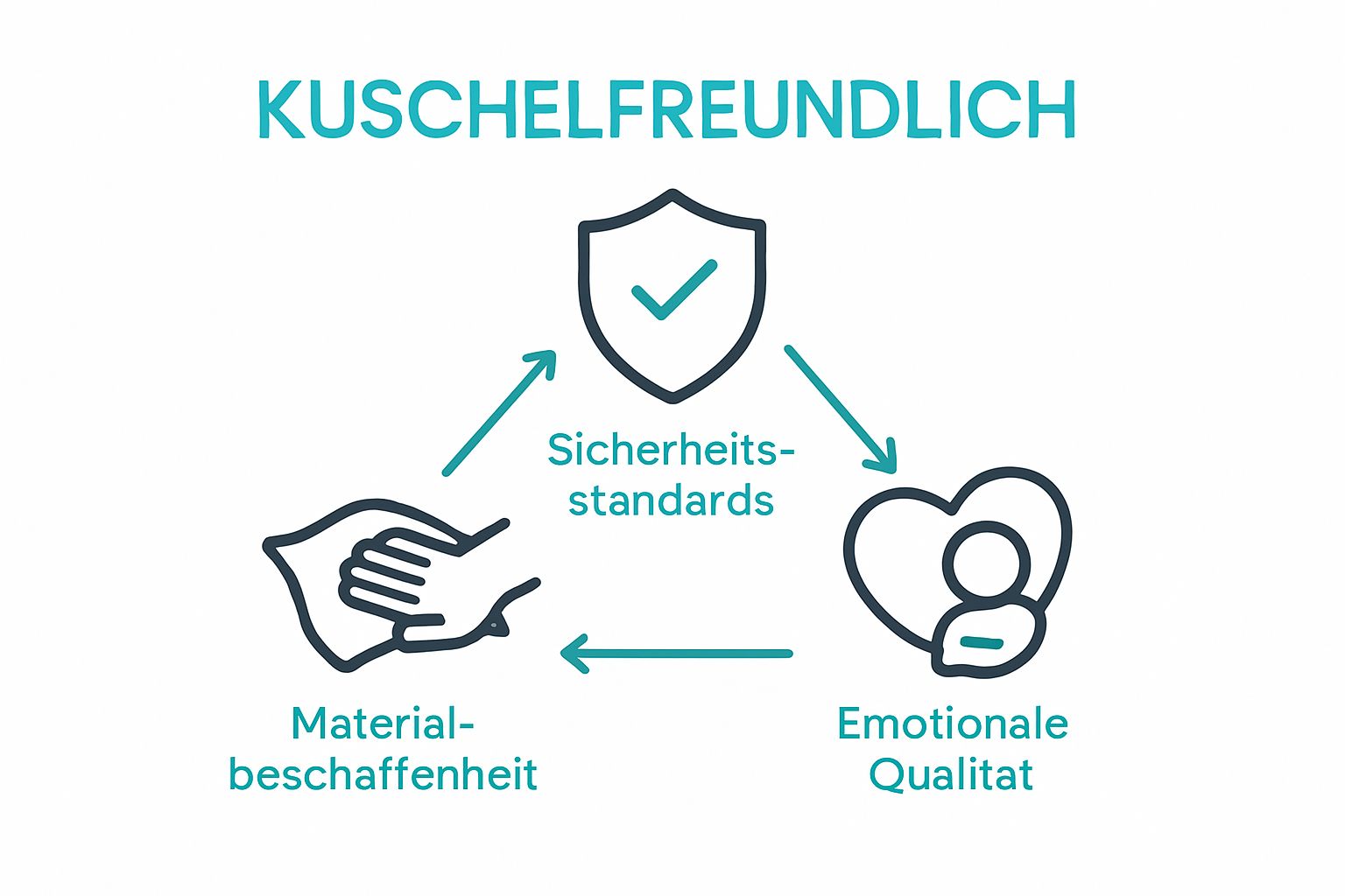 Infographic with icons for Materialbeschaffenheit, Sicherheitsstandards, and Emotionale Qualität under the concept Kuschelfreundlichkeit