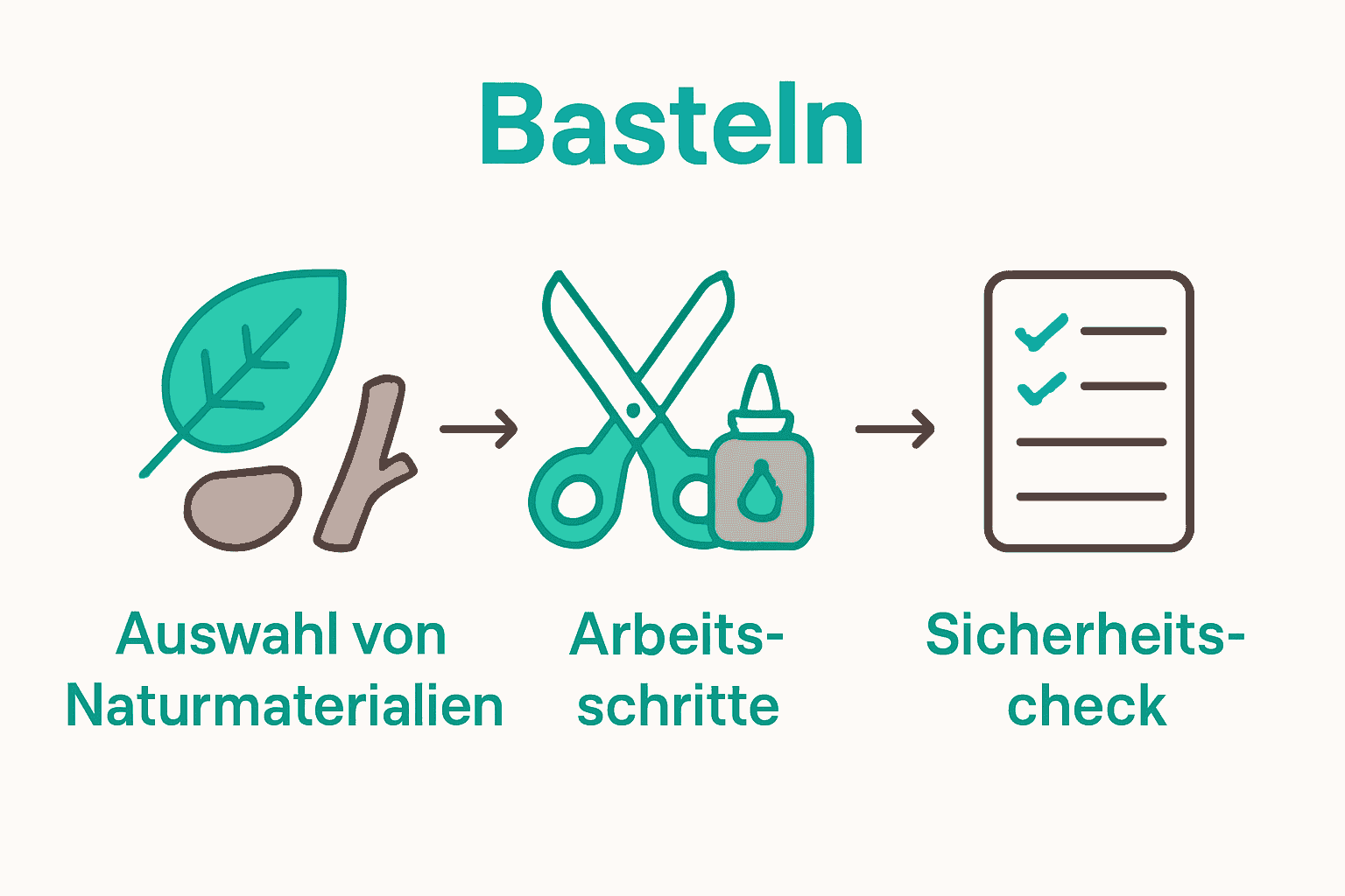 Infografik über drei Schritte zur Herstellung von Naturspielzeug: Materialwahl, Basteln, Sicherheit.