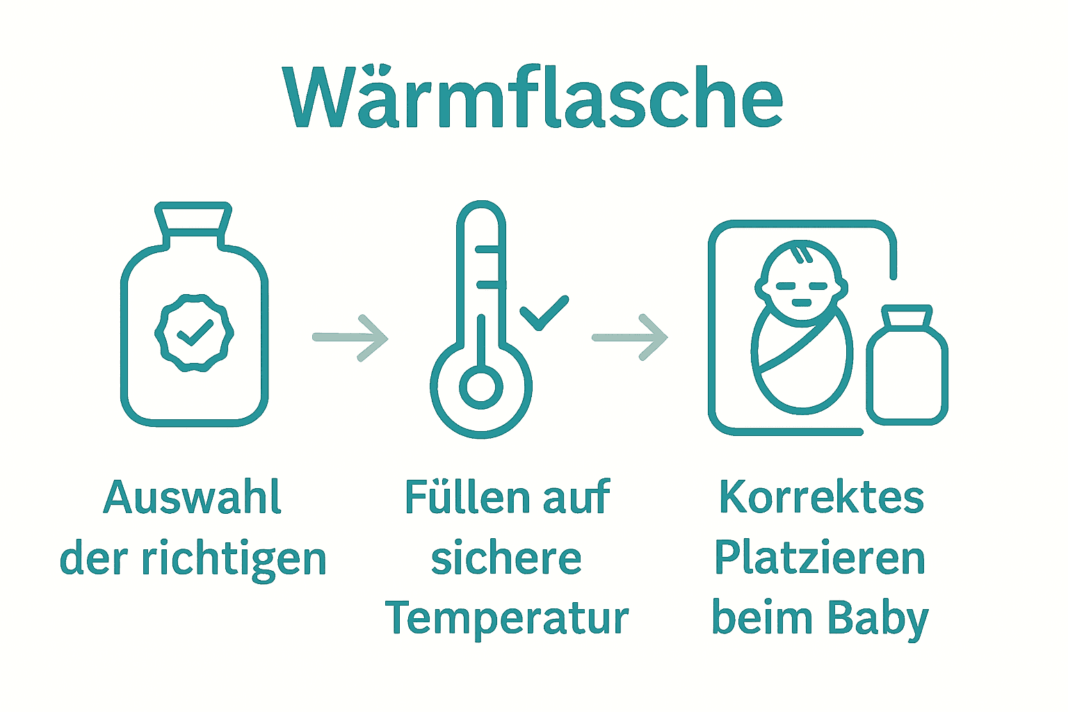 Grafik mit drei Schritten: richtige Wärmflasche wählen, sicher befüllen, richtig platzieren
