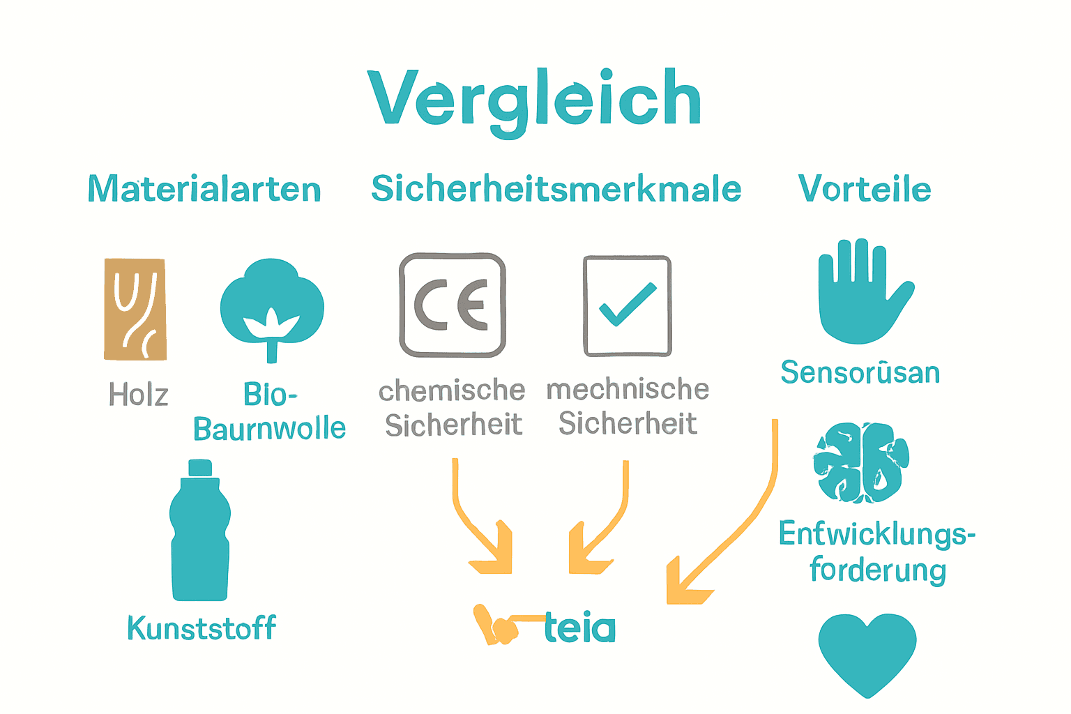 Infografik zu Materialien, Sicherheit und Vorteilen von Tragespielzeug