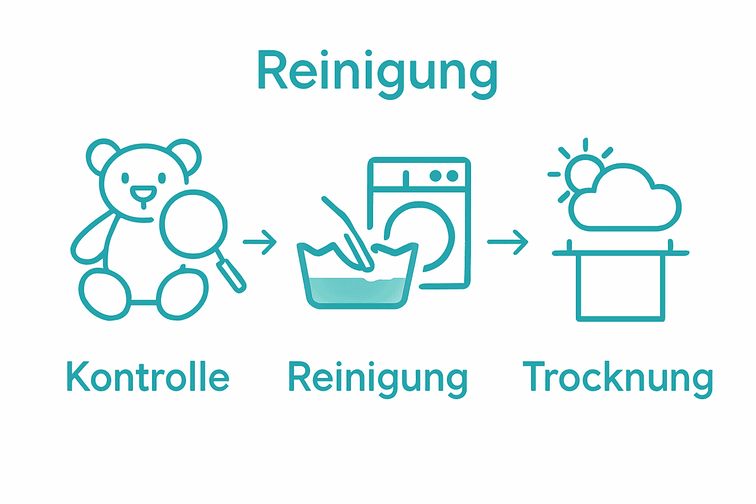 Infografik: Kontrolle, Reinigung, Trocknung von Bio-Stofftieren