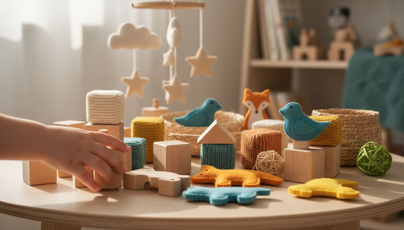 Verschiedene plastikfreie Spielzeugmaterialien nebeneinander