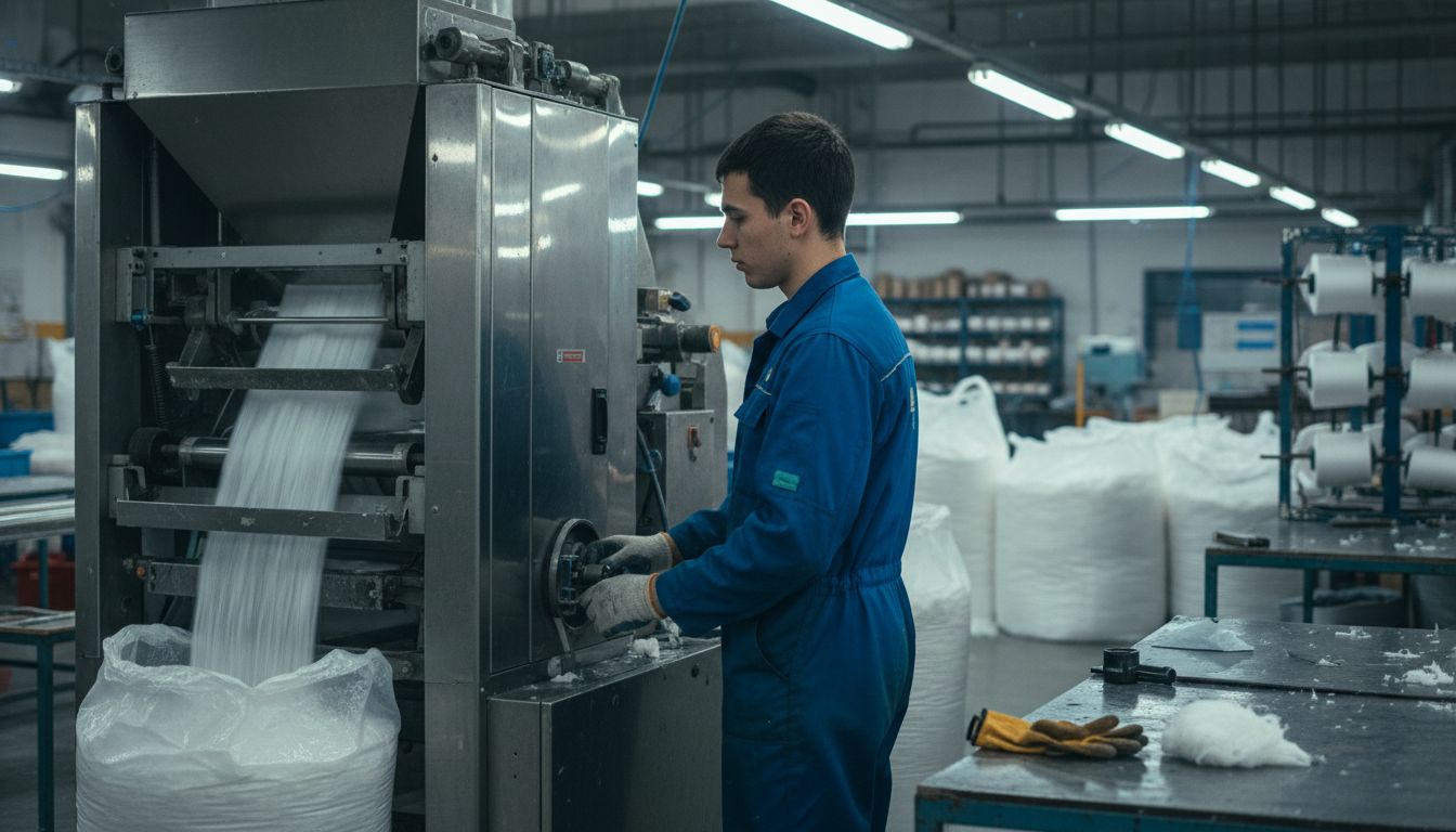 Technician adjusting machine for fiber filling