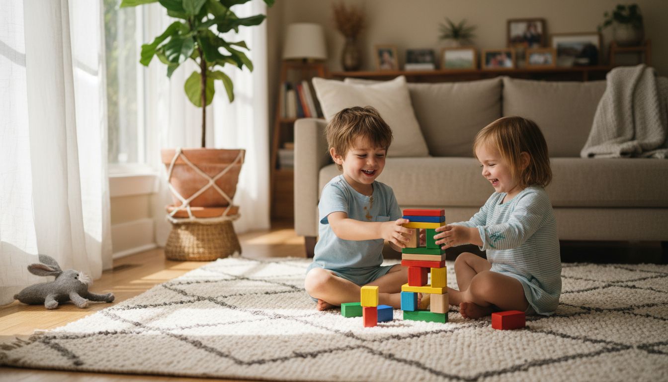 Children playing with eco-friendly wooden toys