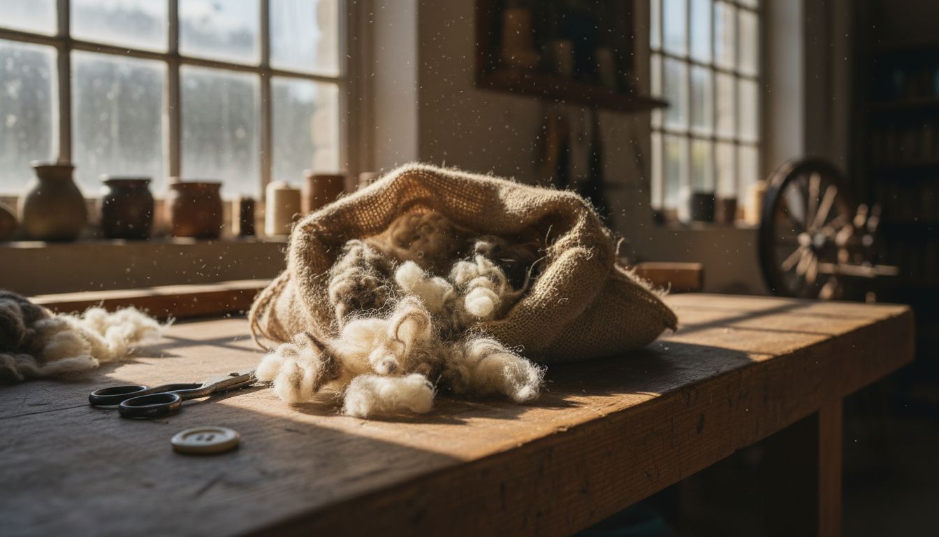 Unprocessed wool fibers on wooden workbench