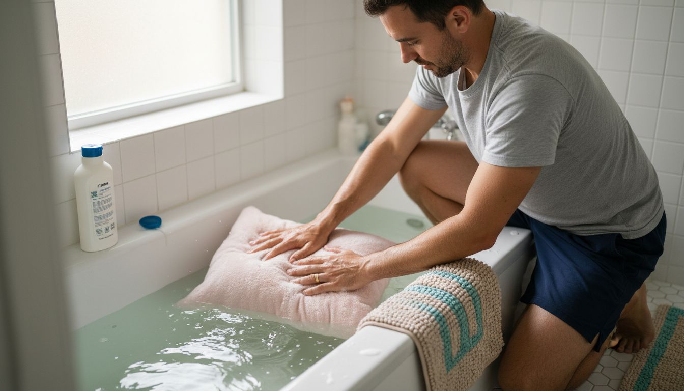Man hand-washes a pillow in bathtub
