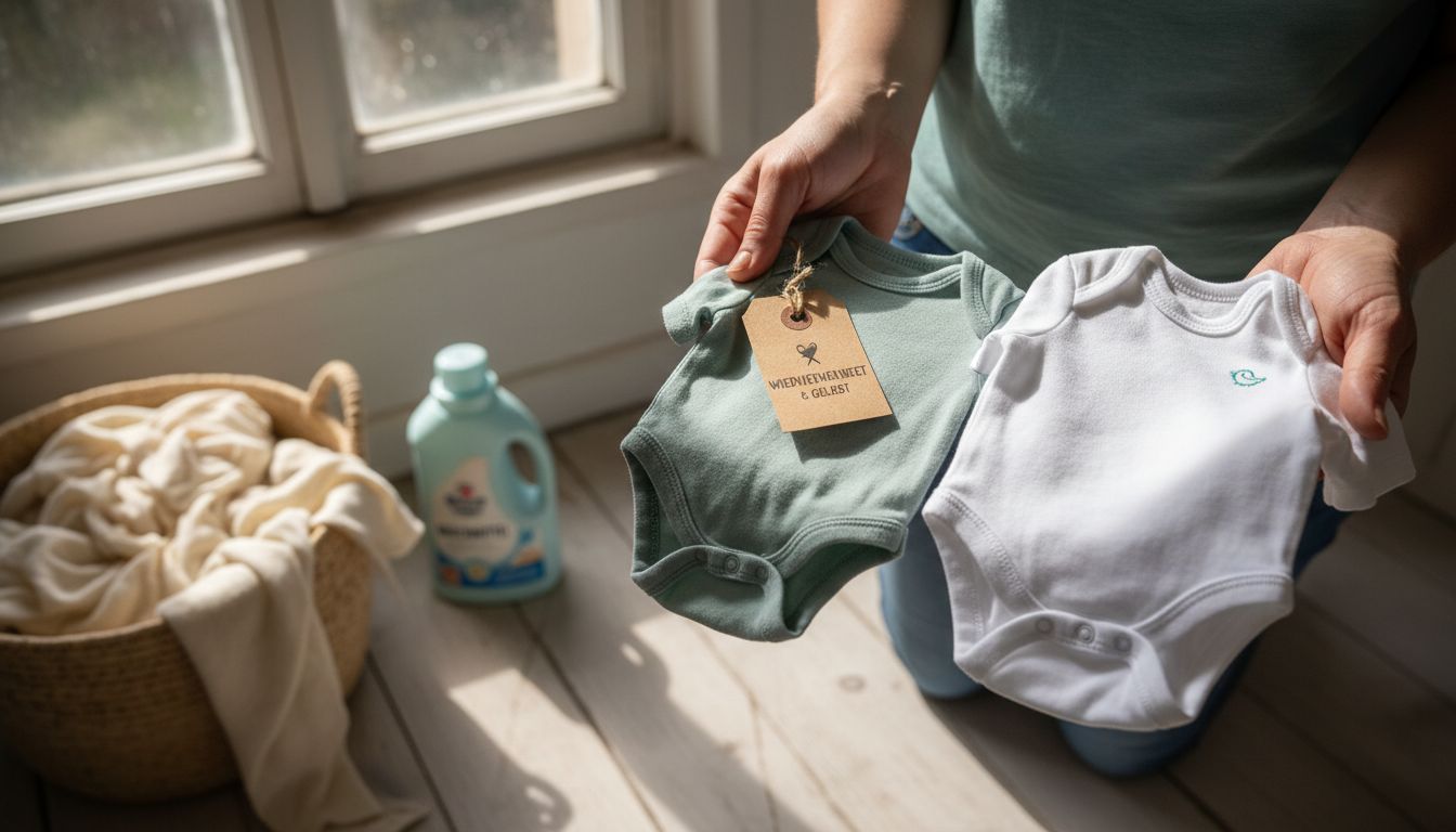 Eine Mutter vergleicht verschiedene nachhaltige Stoffe für Babykleidung.