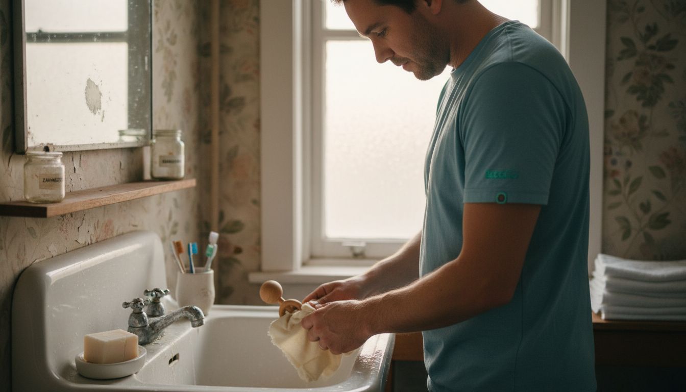 Ein Vater wäscht liebevoll eine Babyrassel aus Holz mit der Hand.