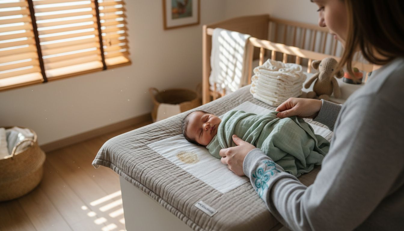 Eine Mutter hüllt ihr Baby liebevoll in weiche Bio-Baumwolle.