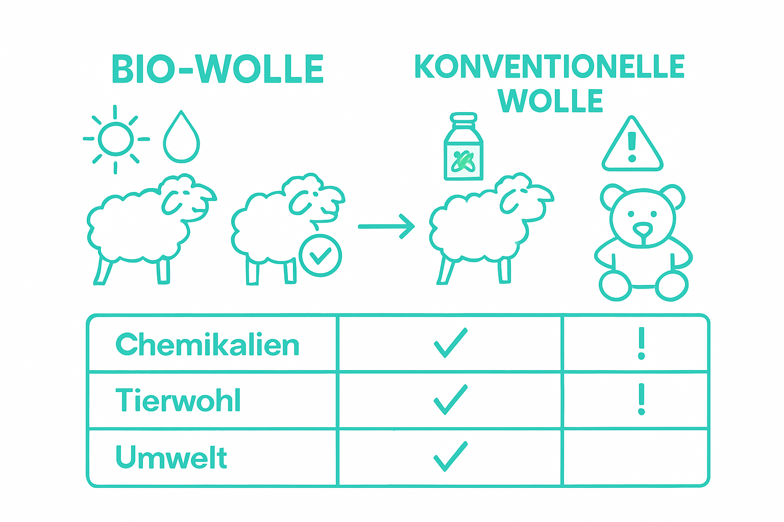 Vergleichsgrafik: Bio-Wolle versus herkömmliche Wolle – die wichtigsten Unterschiede auf einen Blick