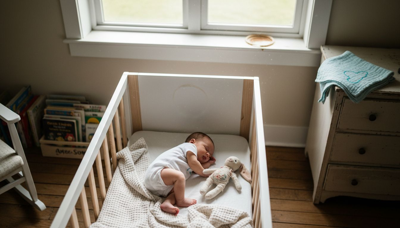 Das Baby schlummert gemütlich in einem nachhaltigen Holz-Bettchen.