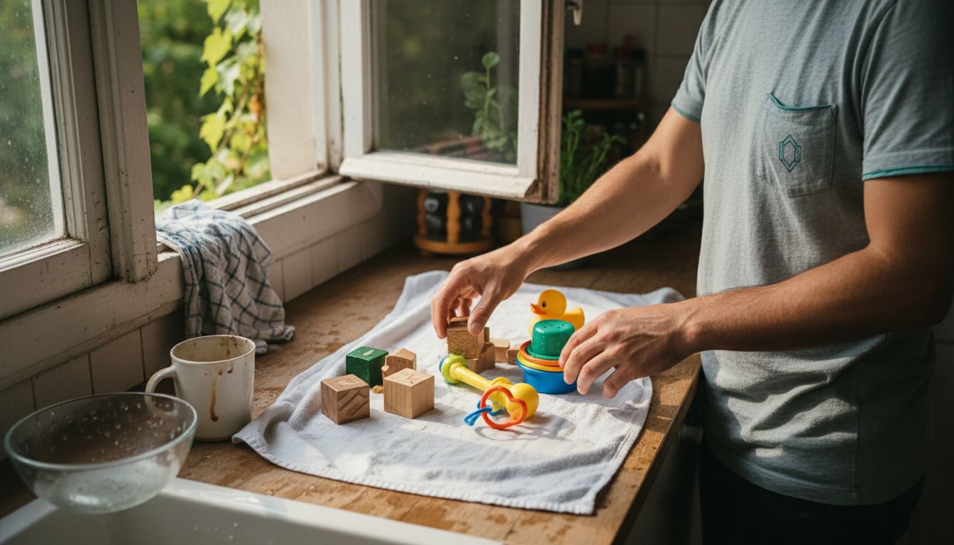 Ein Vater trocknet das Spielzeug am Küchenfenster ab.