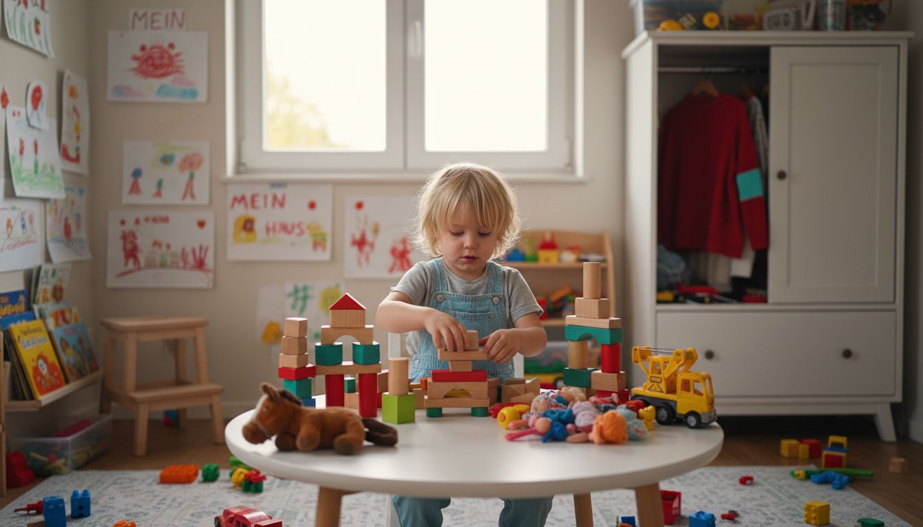 Ein Kind ordnet sein Spielzeug nach verschiedenen Kategorien.