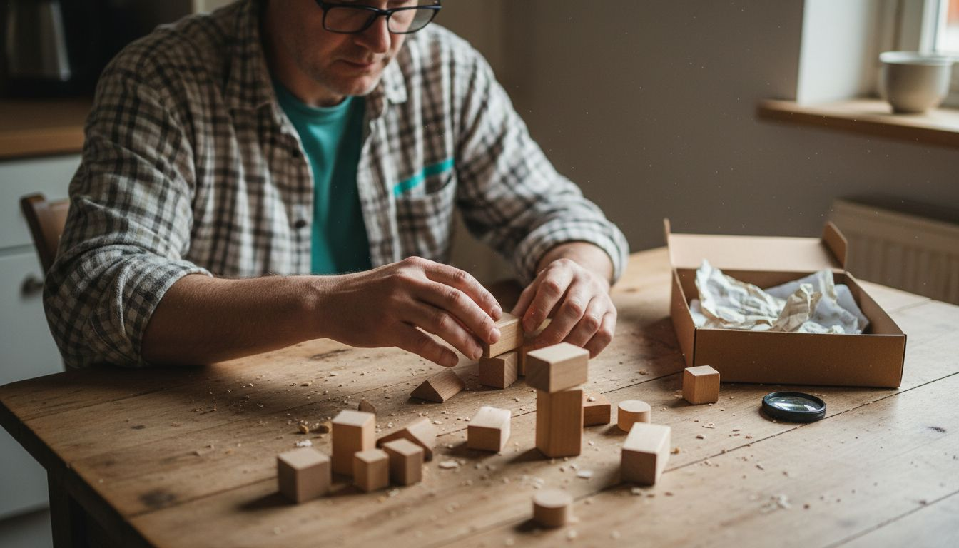 Ein Erwachsener begutachtet am Tisch ein Holzspielzeug.