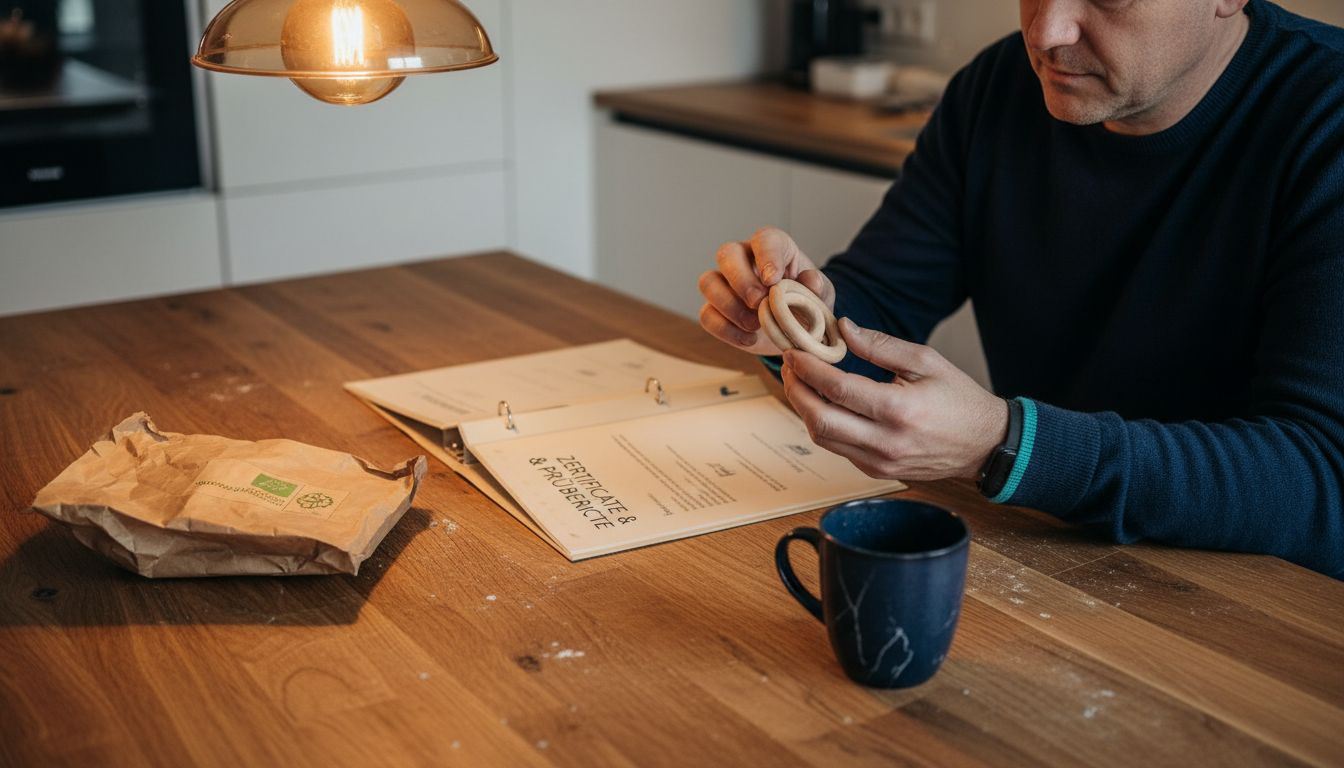 Ein Erwachsener überprüft, ob das Holzspielzeug sicher für Kinder ist.