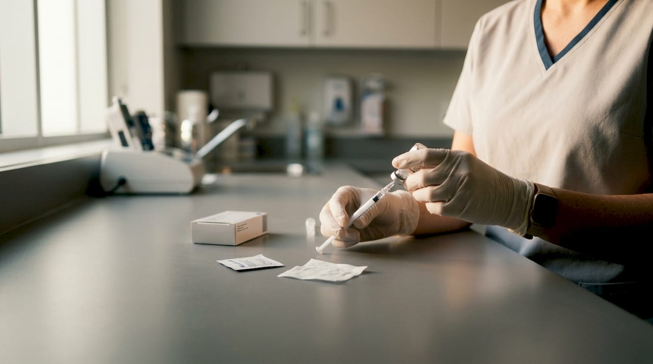 Close-up of hands preparing semaglutide injection