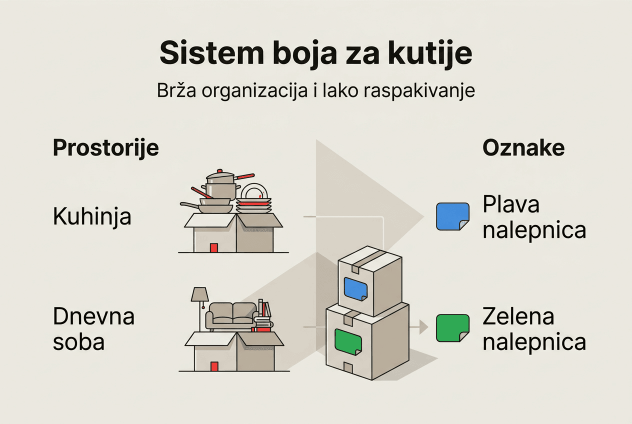Pregledan infografik sa jasno označenim bojama i simbolima za sortiranje kutija