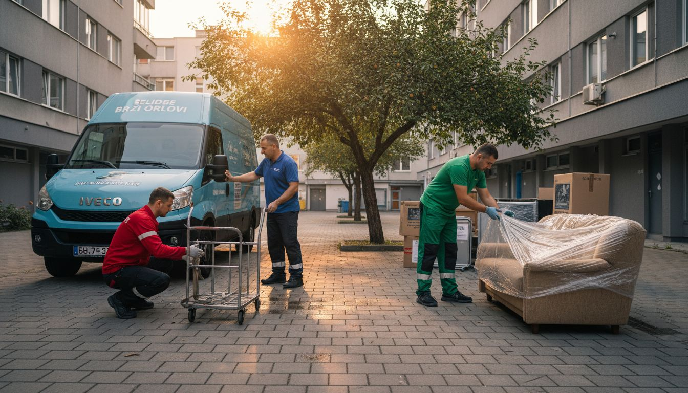 Troje radnika sprema i slaže stvari pored parkiranog kombija.