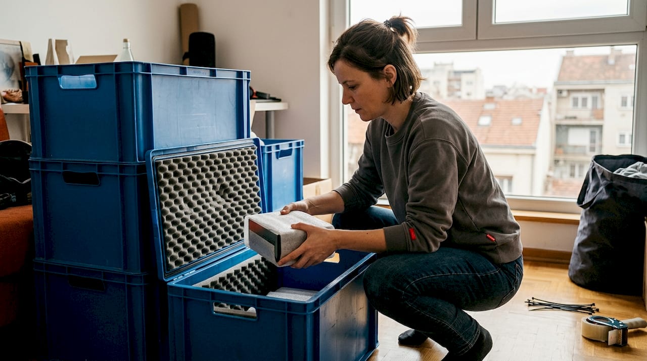 Žena slaže plastične kutije za selidbu u svom stanu, spremajući se za preseljenje i organizujući stvari.
