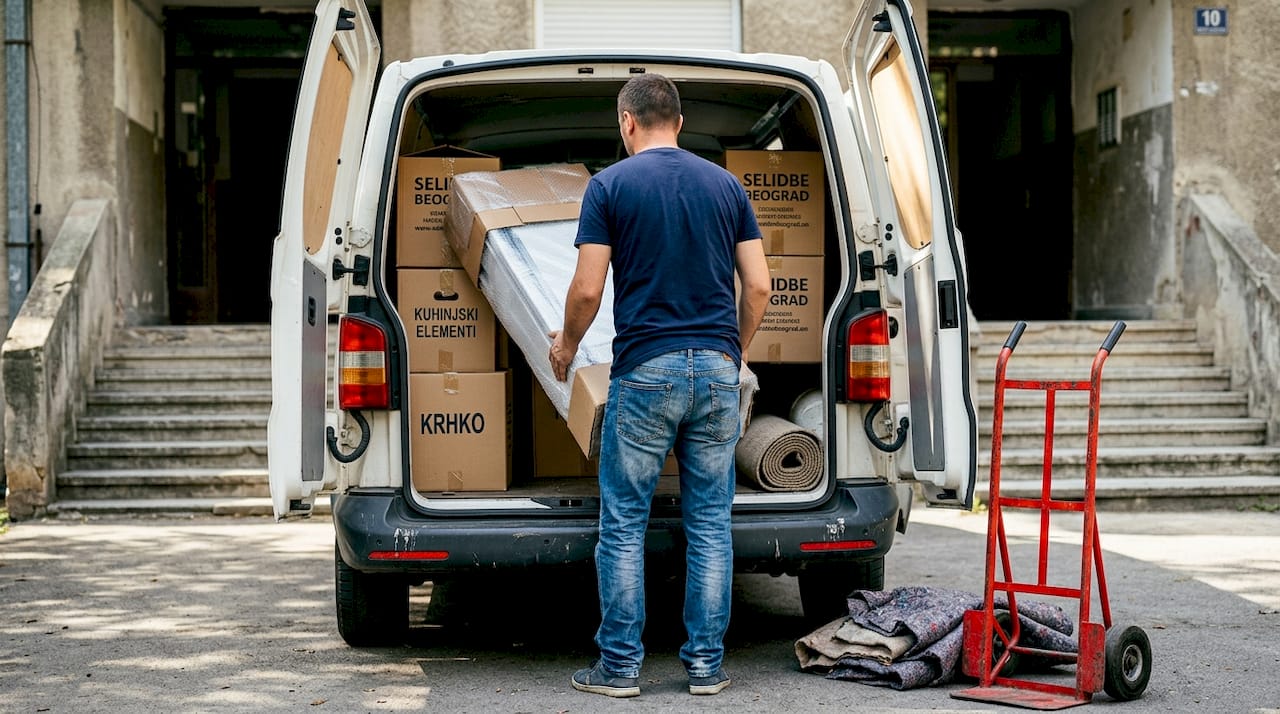 Radnik utovara kućni aparat u kombi vozilo.