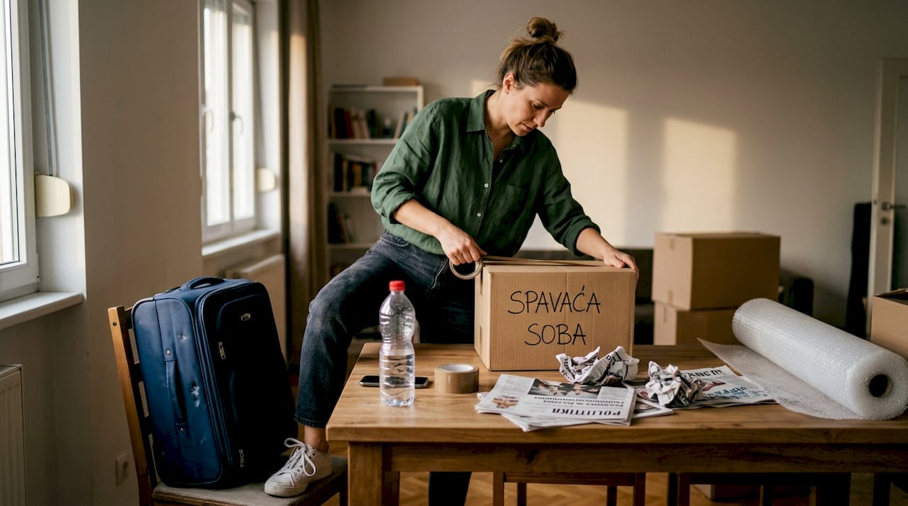 Osoba pažljivo pakuje svoje stvari i vodi računa da sve bude dobro zaštićeno tokom preseljenja.