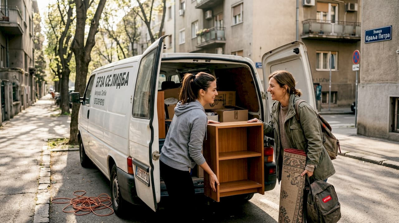 Grupa mladih užurbano utovara kombi parkiran pored trotoara u centru grada.