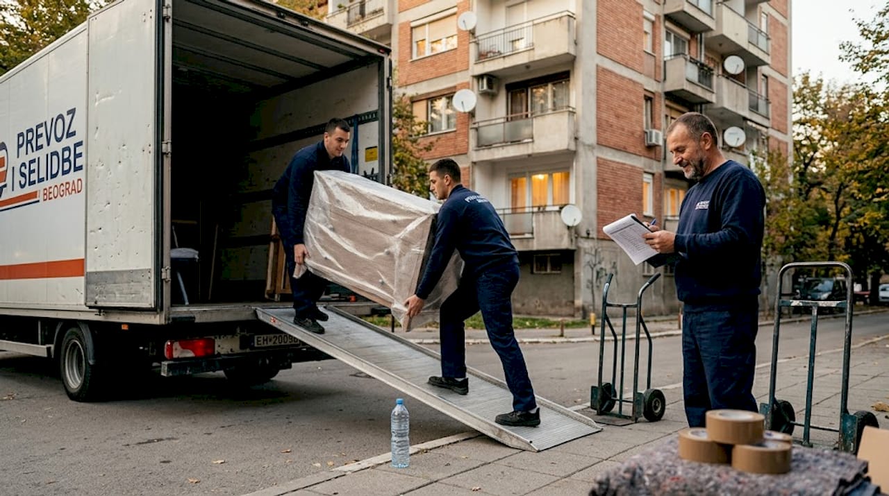 Radnici agencije za selidbe utovaraju stvari u kamion za međunarodnu selidbu.