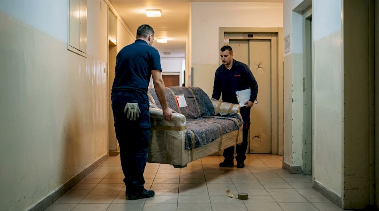 Radnici selidbe nose trosed kroz uzak hodnik starog stana.