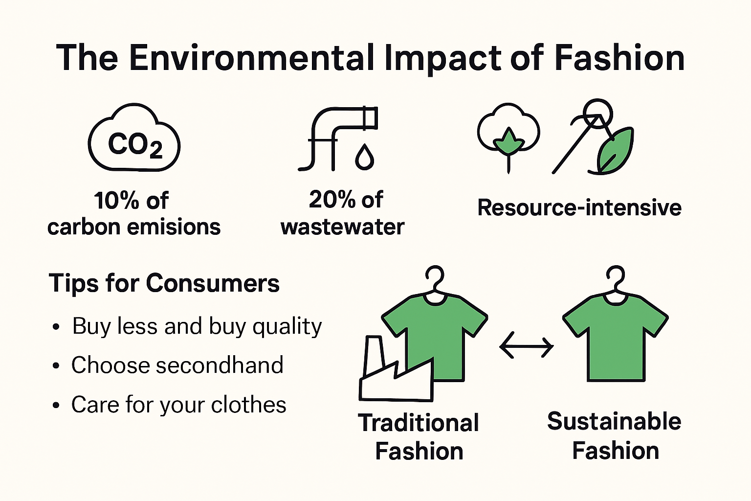 Infographic of fashion environmental impacts and eco-friendly tips
