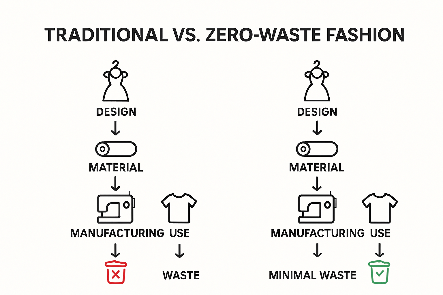 Infographic comparing traditional and zero-waste fashion lifecycles
