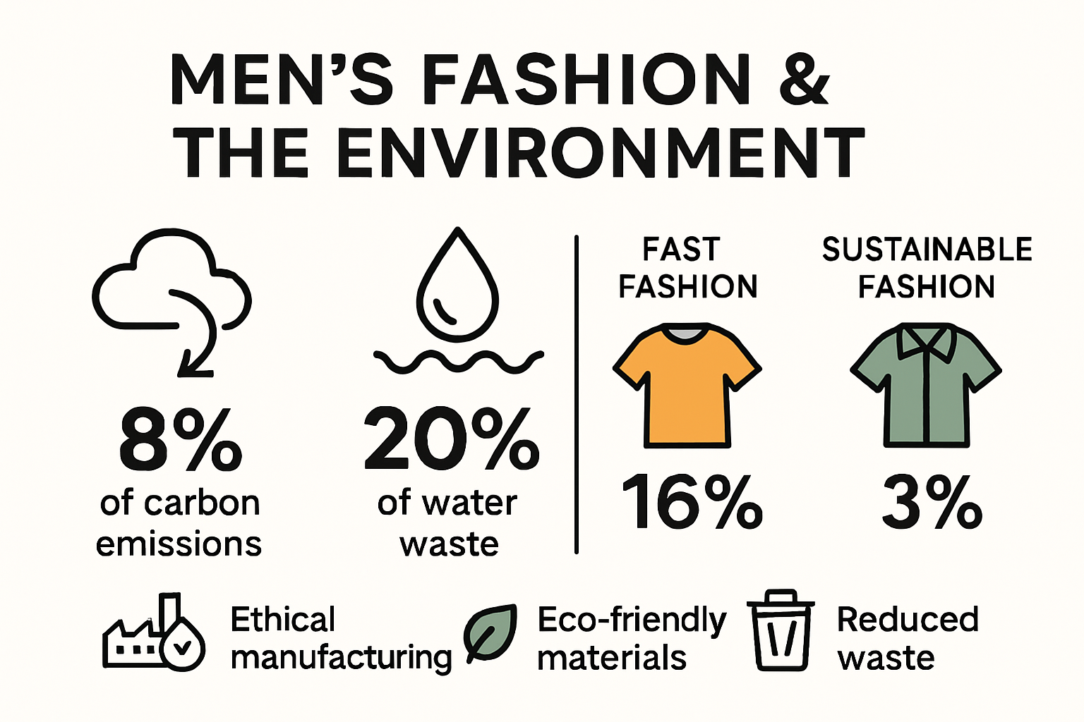 Infographic showing environmental impact of men's fashion and benefits of sustainable clothing