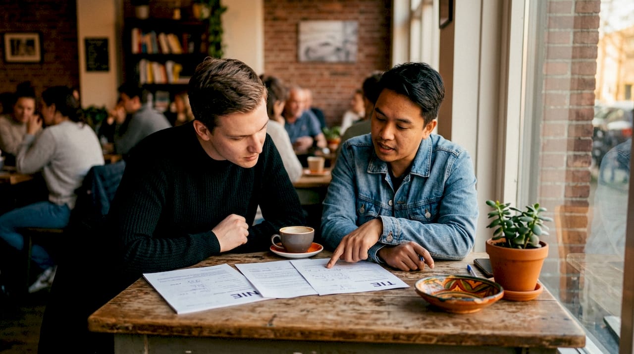 Hands comparing NIE and TIE documents on wooden table