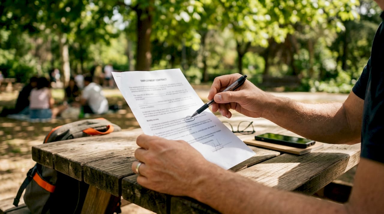 Close-up of hand pointing at income figure on employment contract