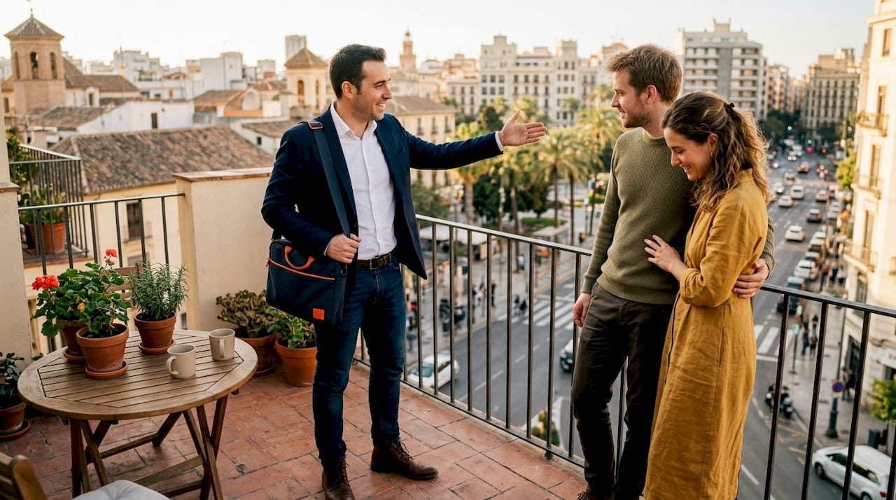 Real estate agent showing Valencia apartment to couple