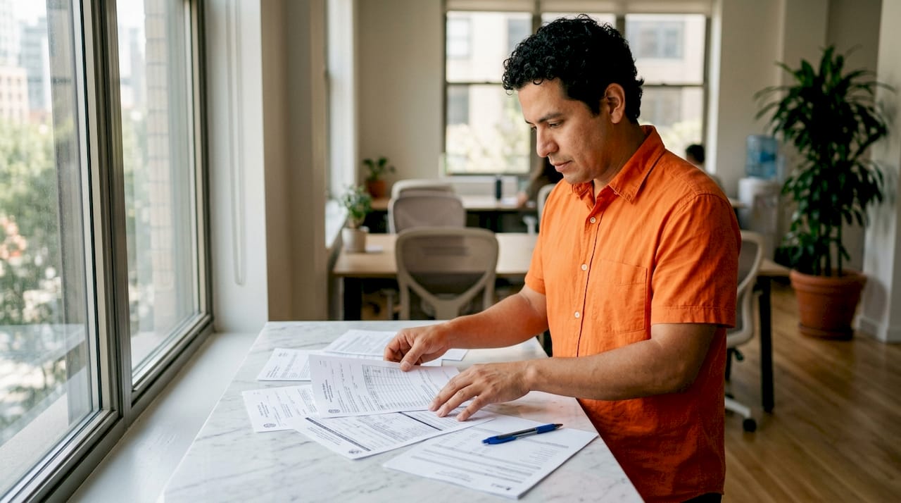 Hands organizing Spain visa renewal documents on desk