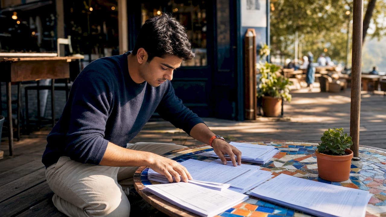 Hands organizing income proof documents