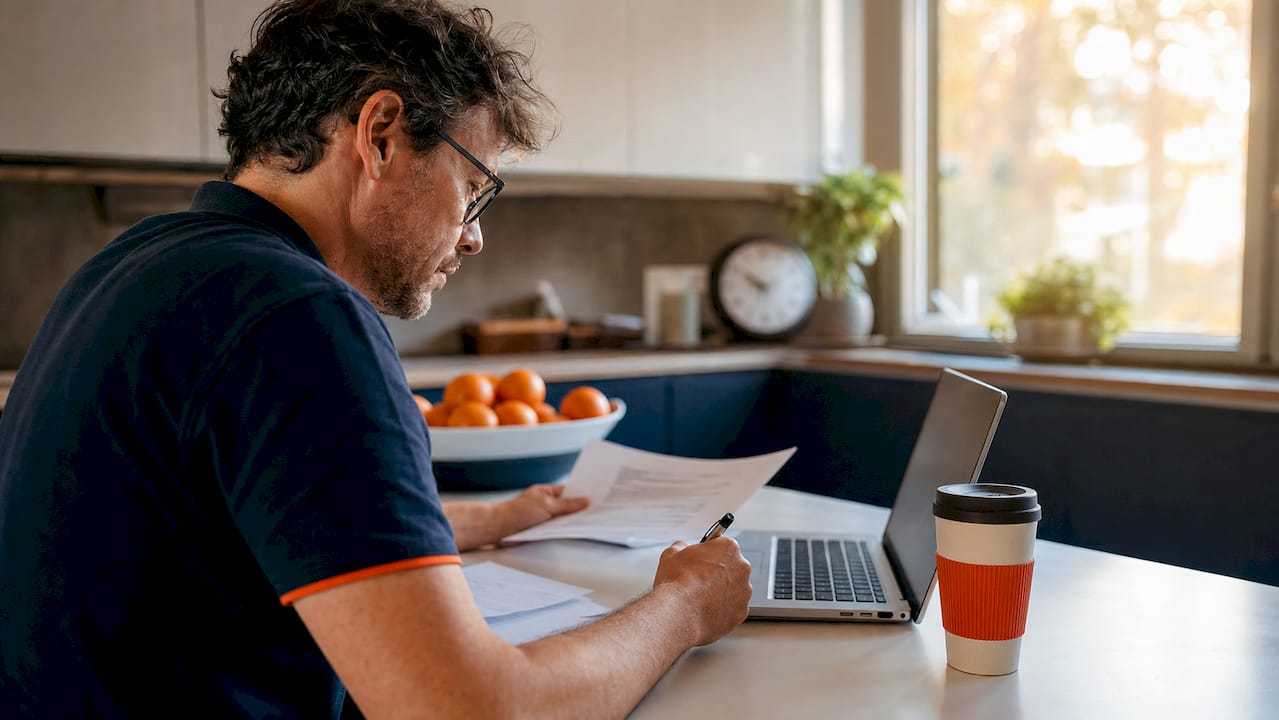 Man filling Spanish tax form at home desk